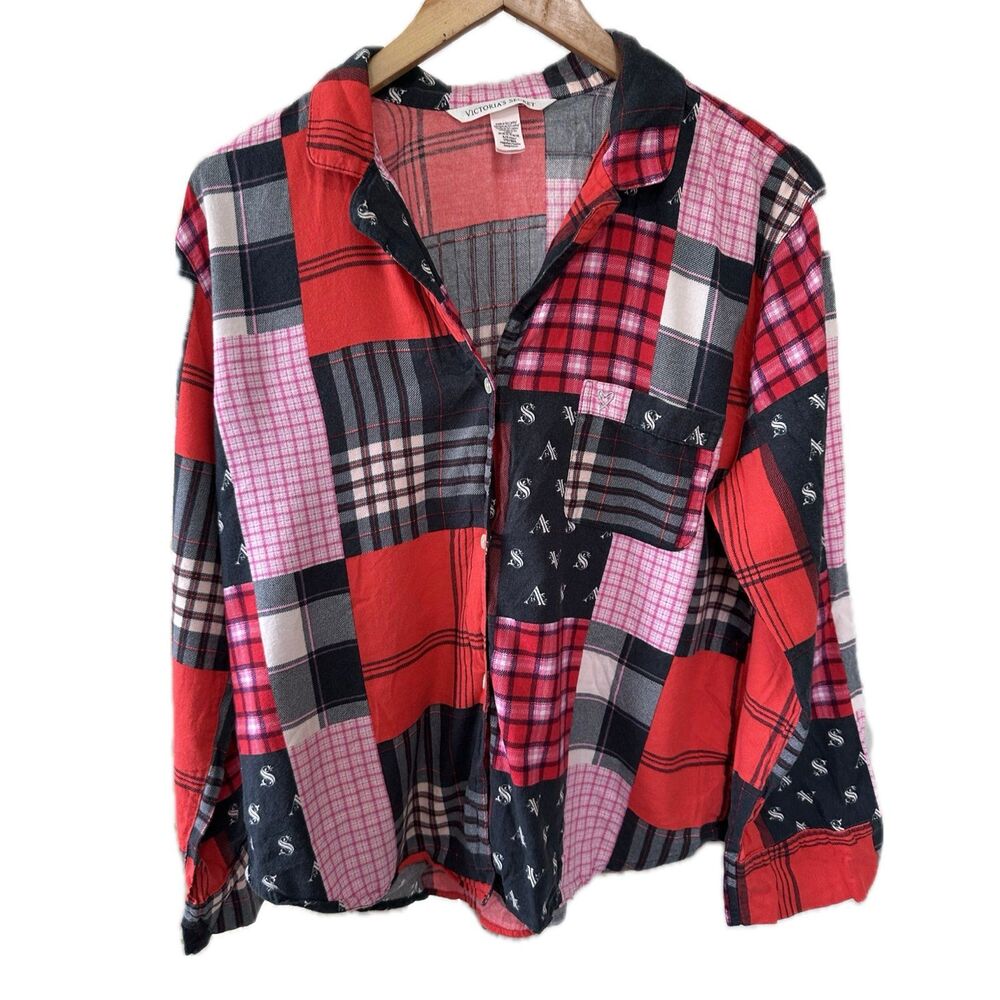 Victoria's Secret Flannel Patchwork Holiday 2018 Button Down Sleep Shirt S